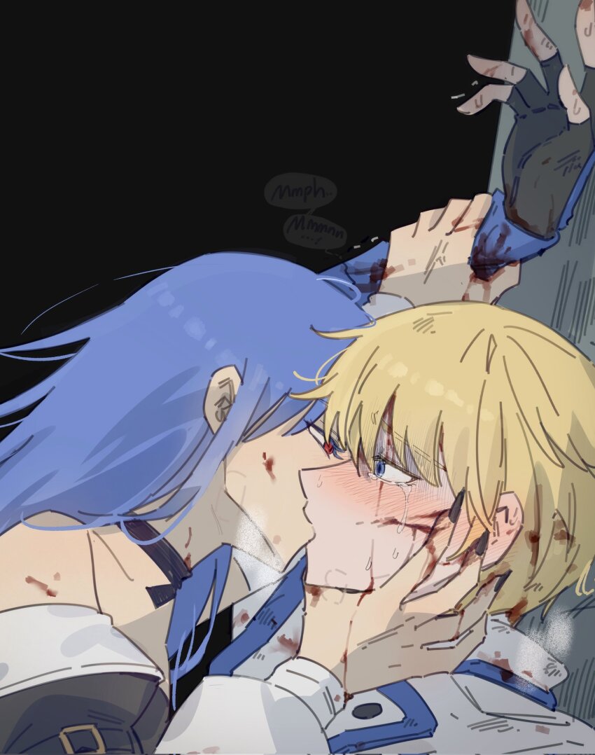 1boy 1girl assertive_female belt_buckle blonde_hair blood blood_on_face blood_on_hands blue_eyes blue_hair buckle choker coat crying crying_with_eyes_open dizzy_(guilty_gear) fingerless_gloves fingernails forced_kiss gloves grabbing_another&#039;s_chin guilty_gear guilty_gear_xx hand_on_another&#039;s_chin highres holding_another&#039;s_wrist kiss ky_gwangin ky_kiske long_hair red_eyes short_hair tears white_coat