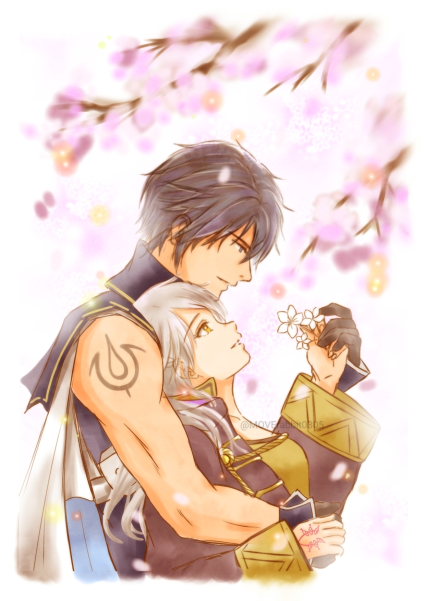 1boy 1girl ahoge arm_tattoo black_gloves blue_hair brand_of_the_exalt breasts chrom_(fire_emblem) collarbone couple eyelashes falling_petals female_robin_(fire_emblem) fire_emblem fire_emblem_awakening flower from_side gloves hand_tattoo hands_up highres holding holding_flower intelligent_systems leaning_on_person long_hair long_sleeves looking_at_another looking_down looking_up medium_breasts moverabbit0305 muscular_arms neck no_gloves outdoors petals profile shirt short_hair sidelocks sleeveless sleeveless_shirt standing swept_bangs tattoo toned toned_male tree twintails upper_body white_hair wide_sleeves yellow_eyes