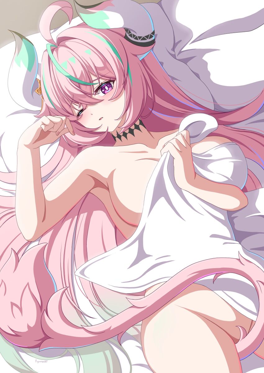 1girl absurdres ahoge aqua_hair bed_sheet blush breasts collarbone commentary_request completely_nude covering_privates cow_girl cow_horns cow_tail fingernails fuyunash1 genshin_impact hair_between_eyes highres horns large_breasts long_hair looking_at_viewer lying multicolored_hair nude nude_cover on_back one_eye_closed parted_lips pink_hair purple_eyes solo streaked_hair tail tail_censor varesa_(genshin_impact) very_long_hair
