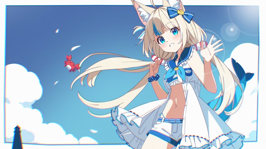 1girl absurdres ahoge animal_ear_fluff animal_ears bare_arms bikini blonde_hair blue_eyes blue_hair blue_neckerchief blue_sky blue_streaks border bow bowtie buttons cat_ears chromatic_aberration cloud cloudy_sky commentary cowboy_shot crab dress falling_petals fins fish_girl fish_tail floating_hair frilled_dress frills grin hair_bow hair_ornament hands_up highleg highleg_bikini highres indie_virtual_youtuber leaning_forward lens_flare lifebuoy_hair_ornament lighthouse long_hair looking_at_viewer low_twintails multicolored_hair navel neckerchief one_side_up outdoors outside_border paper_boat petals rojogarnina sailor_collar sameko_saba scrunchie short_shorts shorts sky smile solo streaked_hair sunlight swimsuit tail twintails unbuttoned very_long_hair virtual_youtuber waving white_border white_dress white_petals white_shorts wrist_scrunchie