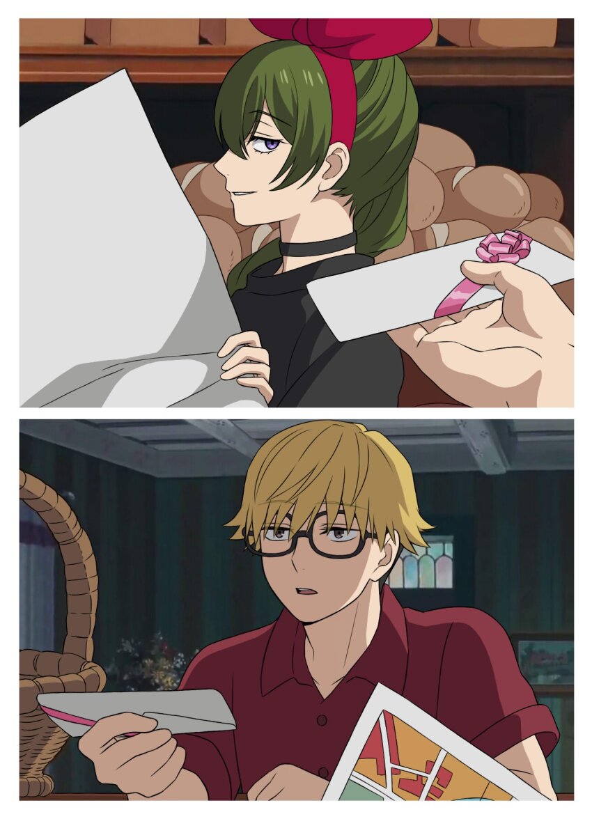 1boy 1girl bakery basket black_dress blonde_hair border bouquet bow bread collared_shirt commentary cosplay dress dress_shirt envelope eyelashes flower food giving green_hair hair_between_eyes highres holding holding_envelope holding_letter holding_map indoors jitome kiki_(majo_no_takkyuubin) kiki_(majo_no_takkyuubin)_(cosplay) land_(sousou_no_frieren) letter light_smile loaf_of_bread long_hair looking_ahead looking_at_viewer looking_to_the_side majo_no_takkyuubin map painting_(object) parody parted_lips pink_bow pink_ribbon pov pov_hands purple_eyes reading red_shirt ribbon scene_reference shelf shirt shop short_sleeves side_ponytail sousou_no_frieren syaparinton tombo_(majo_no_takkyuubin) tombo_(majo_no_takkyuubin)_(cosplay) ubel_(sousou_no_frieren) white_border yellow_eyes