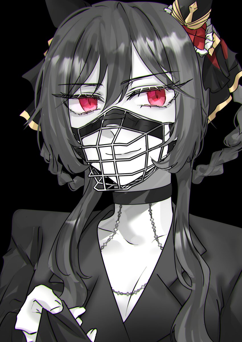 1girl 1other absurdres animal_ears b_lt black_background black_jacket black_suit braid braided_hair_rings breasts cleavage formal_clothes gentildonna_(umamusume) hair_between_eyes hair_ornament hair_rings highres horse_ears horse_girl jacket light_smile long_hair looking_at_viewer muzzle_(mask) pov pulling_another&#039;s_clothes red_eyes simple_background suit umamusume