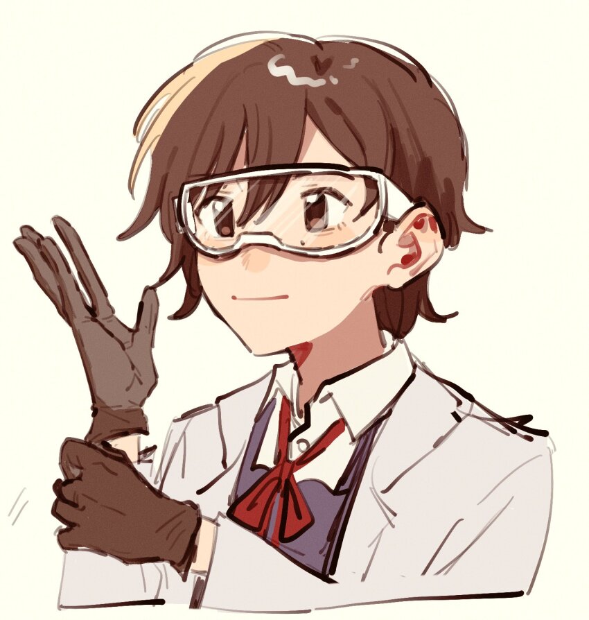 1girl baixing brown_eyes brown_hair closed_mouth coat collared_shirt gloves goggles hands_up hashtag-only_commentary highres long_sleeves love_live! love_live!_superstar!! mole neck_ribbon ookuma_wakana real_life red_ribbon ribbon school_uniform shirt simple_background solo upper_body voice_actor white_coat yellow_background yuigaoka_school_uniform