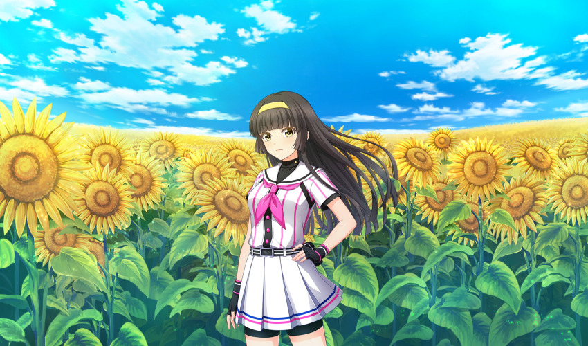 1girl arm_at_side baseball_uniform belt belt_buckle belt_pouch bike_shorts_under_skirt black_belt black_gloves black_hair black_pouch black_shorts black_undershirt blue_sky blunt_bangs buckle cinderella_series cloud field fingerless_gloves flower flower_field game_cg gloves hachigatsu_no_cinderella_nine hairband hand_on_own_hip highres long_hair looking_at_viewer neckerchief non-web_source official_art outdoors pink_neckerchief pleated_skirt pouch satogahama_baseball_uniform shirt shirt_under_shirt short_sleeves shorts skirt sky solo sportswear standing striped_belt striped_clothes striped_shirt sunflower sunflower_field tsukishima_yui_(hachigatsu_no_cinderella_nine) v-shaped_eyebrows vertical-striped_clothes vertical-striped_shirt wristband yellow_eyes yellow_hairband