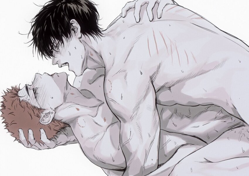 2boys abs adam&#039;s_apple arm_support back between_legs bite_mark bite_mark_on_neck bite_mark_on_shoulder black_hair blush bruise bruise_on_chest bruise_on_neck collarbone commentary commentary_request cropped_legs crying cum cum_on_body cum_on_legs drooling ear_piercing earrings hair_between_eyes hand_on_another&#039;s_back head_grab injury jewelry lying male_focus multiple_boys ndgangmenbjsc on_back open_mouth pectorals piercing red_hair rolling_eyes rukawa_kaede sakuragi_hanamichi saliva scratches scratching_back sex short_hair sidepec simple_background single_earring slam_dunk_(series) streaming_tears sweat sweatdrop tears teeth toned toned_male upper_body upper_teeth_only veins veiny_arms white_background yaoi