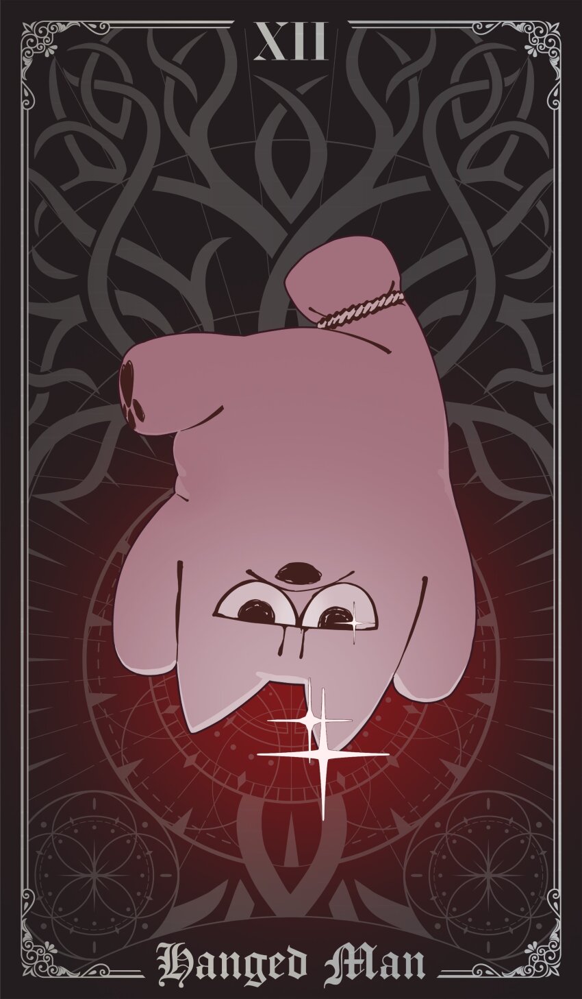 absurdres angry_dog_(tooboe) card_(medium) dog gum_shrew hanging highres jitome john_/_tooboe_(copyright) looking_at_viewer no_humans official_art rope_around_feet sparkle tarot tarot_(medium) the_hanged_man_(tarot) upside-down white_dog