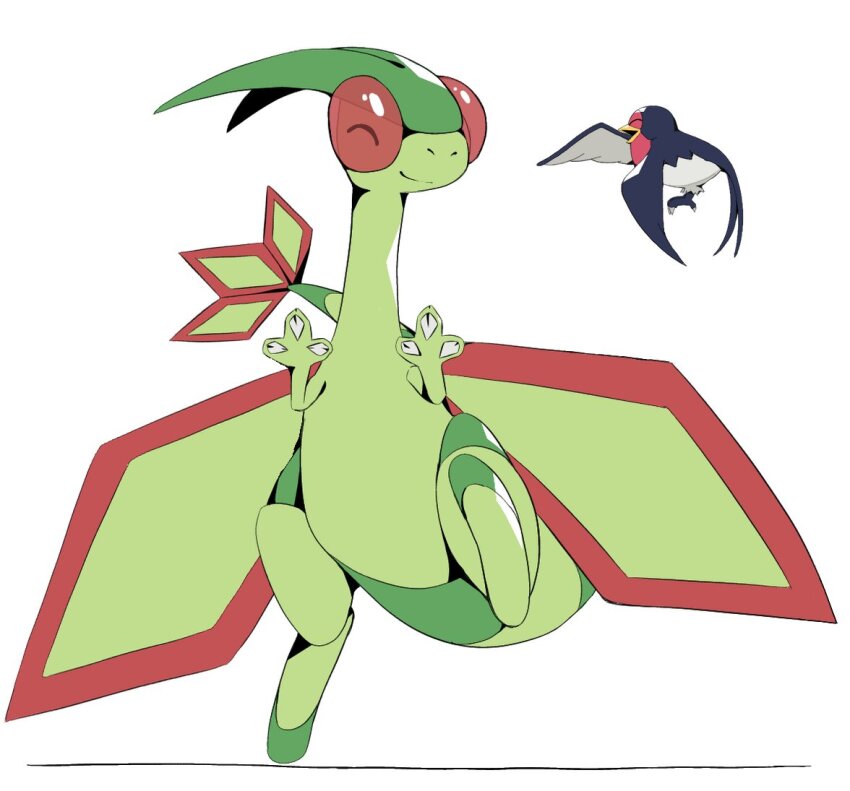 ^_^ claws closed_eyes flygon gen_3_pokemon hands_up happy nintendo no_humans open_mouth pokemon pokemon_(creature) pokemon_focus psaber97 smile taillow white_background