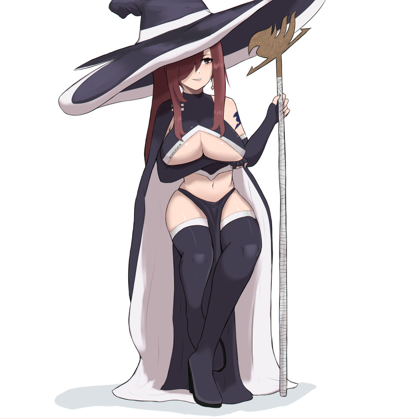 1girl absurdres arm_under_breasts bare_hips blue_boots blue_cape blue_gloves blue_hat blue_loincloth blue_shirt boots breasts cape clothing_cutout cosplay cropped_shirt crossed_legs dot_nose earrings elbow_gloves erza_scarlet eyebrows eyelashes fairy_tail female_focus fingerless_gloves full_body gen.fleur gloves grin hair_over_one_eye hat highres huge_breasts irene_belserion irene_belserion_(cosplay) jewelry loincloth long_hair looking_afar matching_hair/eyes midriff navel pelvic_curtain red_eyes red_hair shirt shoulder_tattoo simple_background single_bare_shoulder sleeveless sleeveless_shirt smile solo staff standing tattoo teeth thigh_boots two-tone_cape two-tone_hat two-tone_shirt underboob underboob_cutout white_background white_cape white_hat white_shirt witch_hat
