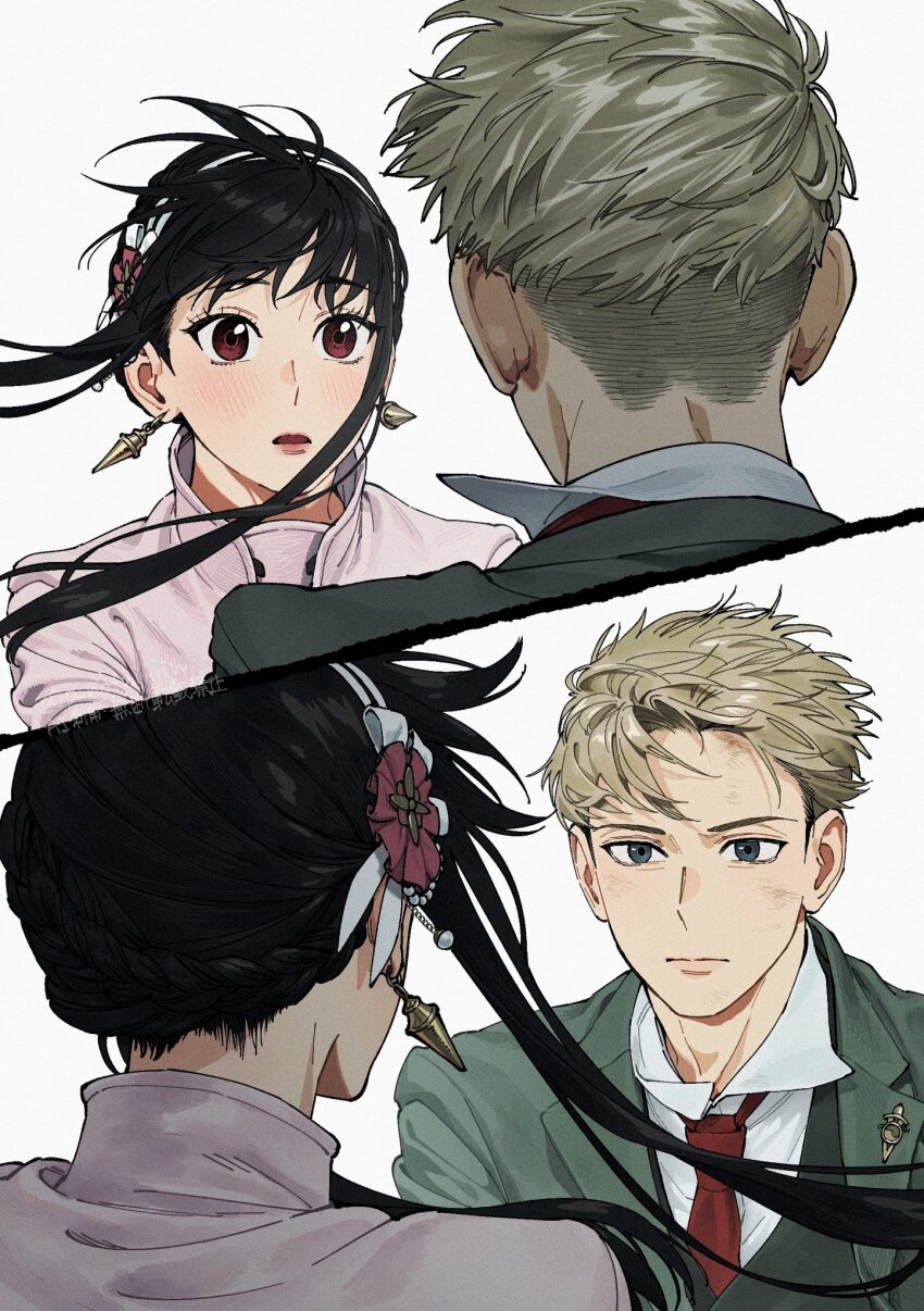 1boy 1girl black_hair blonde_hair blue_eyes blush coat collared_shirt commentary_request earrings floating_hair flower_hairband from_behind gold_earrings green_jacket hairband highres jacket jewelry long_hair looking_at_another necktie p_notninjin parted_lips pink_coat red_eyes red_necktie shirt short_hair sidelocks spy_x_family twilight_(spy_x_family) upper_body vest white_background white_hairband white_shirt wind yor_briar