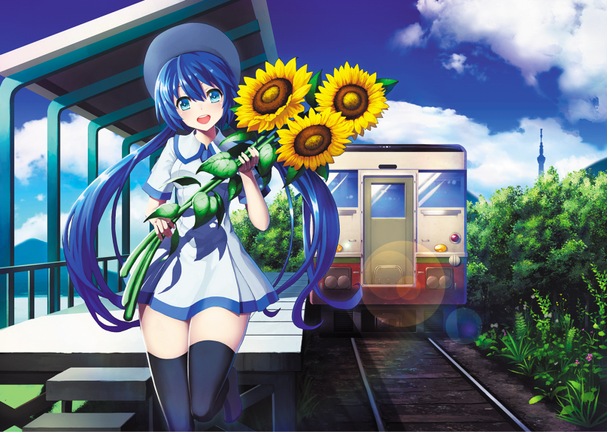 1girl :d absurdly_long_hair anniversary aqua_eyes aqua_hair aqua_neckwear artist_name artist_request birthday black_shoes black_thighhighs blue_eyes blue_hair blue_neckwear blue_sky blush bouquet cloud collared_shirt day defiaz_(infinity) dress female_focus floating_hair flower frilled_shirt_collar frills hair_between_eyes happy_birthday hat hatsune_miku hatsune_miku_(summer_memories) holding holding_bouquet holding_flower lens_flare long_hair looking_at_viewer low_twintails miniskirt open_mouth outdoors plaid_clothes plaid_dress plaid_skirt plant pleated pleated_dress pleated_skirt railroad_tracks shirt shoes short_sleeves skirt sky smile solo standing standing_on_one_leg summer sunflower thighhighs time_machine_(vocaloid) tokyo_skytree tower train train_station twintails vehicle very_long_hair vocaloid white_dress white_hat white_skirt yellow_flower zettai_ryouiki