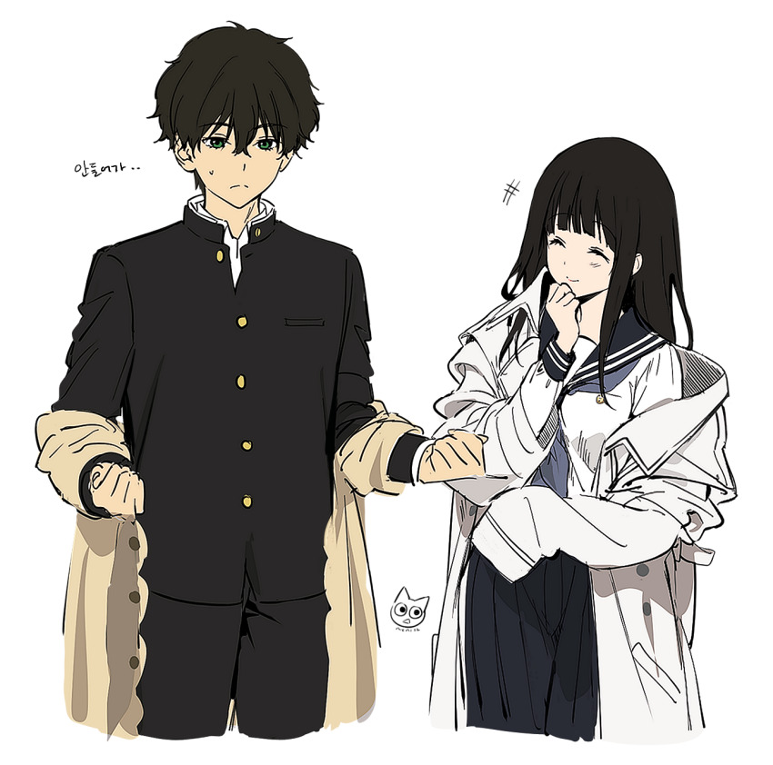 1boy 1girl artist_logo bad_id bad_pixiv_id beige_coat black_sailor_collar black_skirt chitanda_eru coat cowboy_shot gakura green_eyes grey_neckerchief highres hyouka kamiyama_high_school_uniform_(hyouka) logo mery_(yangmalgage) neckerchief oreki_houtarou pleated_skirt sailor_collar school_uniform serafuku short_hair skirt standing white_background white_coat