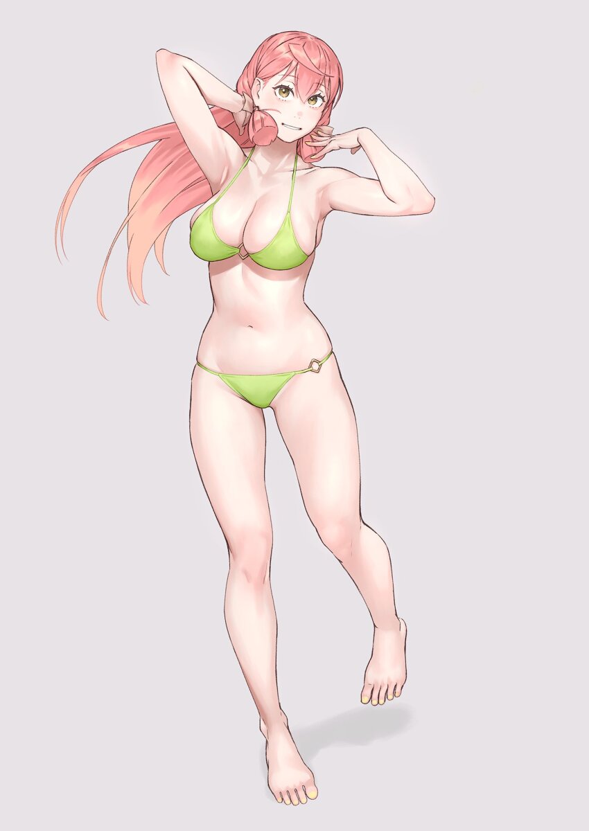 1girl akashi_(kancolle) arm_up arms_up bare_arms bare_legs bare_shoulders barefoot bikini blush breasts cowboy_shot full_body green_bikini green_eyes grey_background groin hair_between_eyes halterneck highres kantai_collection large_breasts legs long_hair looking_at_viewer navel o-ring o-ring_bikini parted_lips pink_hair sidelocks simple_background smile solo standing stomach string_bikini swimsuit very_long_hair white_background yuuji_(and)
