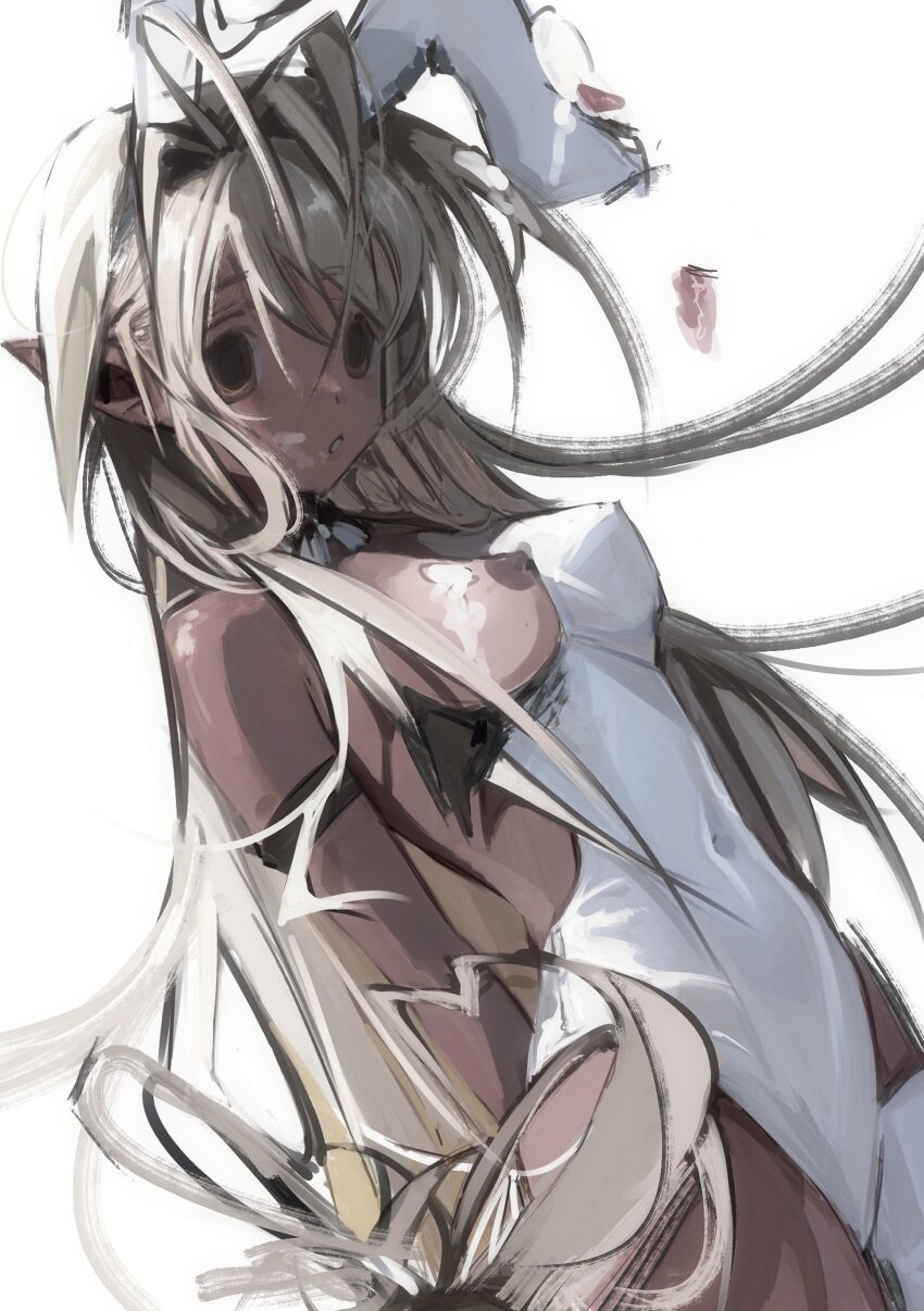 1girl absurdres animal_ears antenna_hair arm_strap arms_behind_back bare_shoulders blonde_hair bow bowtie breasts brown_eyes covered_navel dark-skinned_female dark_nipples dark_skin hair_intakes highres leotard long_hair medium_breasts nipples one_breast_out parted_lips playboy_bunny pointy_ears purasnt rabbit_ears sansei_muramasa shiny_skin simple_background solo soukou_akki_muramasa very_long_hair white_background white_leotard