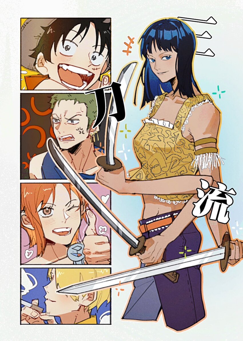 +++ 2girls 3boys 4koma anger_vein armlet bare_shoulders belt black_background black_hair blonde_hair blue_background blue_eyes blue_hair blue_tank_top blunt_bangs border brown_background cigarette close-up comic cowboy_shot crop_top cropped_legs dark_blue_hair earrings extra_arms from_side gradient_background green_hair hair_over_one_eye hana_hana_no_mi hat heart highres holding holding_cigarette holding_sword holding_weapon jewelry log_pose looking_at_viewer medium_hair monkey_d._luffy multiple_boys multiple_girls nami_(one_piece) nico_robin nico_robin_(skypiea) nose notice_lines one_eye_closed one_piece onecata11 open_mouth orange_belt orange_eyes orange_hair orange_outline outline outside_border pants pink_background profile purple_pants roronoa_zoro sanji_(one_piece) scar scar_on_face shirt short_hair sidelocks simple_background sleeveless sleeveless_shirt smile straw_hat sword tank_top thumbs_up weapon white_background white_border yellow_background yellow_shirt