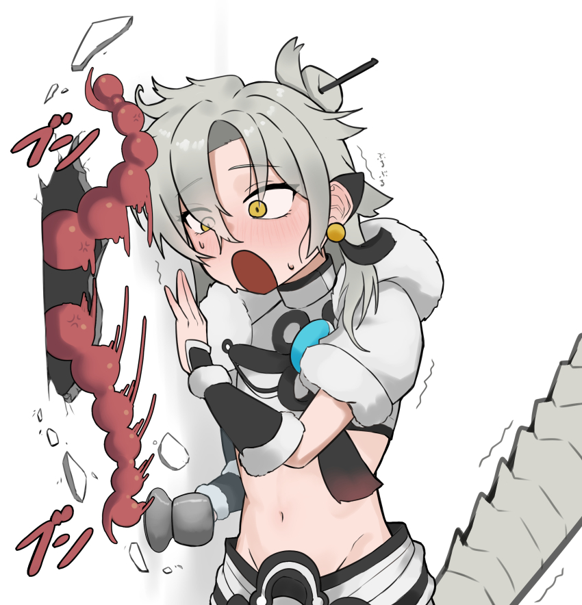 1boy absurdres arm_warmers black_arm_warmers blush breaking breaking_through_wall capelet commentary_request crop_top cropped_shirt doorknob dragon_tail dragon_tale_lucias dragon_tale_mulr duel_monster ear_covers earrings fur-trimmed_capelet fur_trim groin hair_between_eyes hair_bun hair_ornament hair_stick hakama hakama_pants here&#039;s_johnny!_(meme) highres hole_in_wall japanese_clothes jewelry long_hair male_focus meme midriff navel open_mouth pants scared scene_reference shirt short_sleeves sidelocks simple_background solo_focus standing sweat tail tail_raised tassel tassel_earrings wa_tsuji white_background white_capelet white_hakama white_shirt yellow_eyes yu-gi-oh!