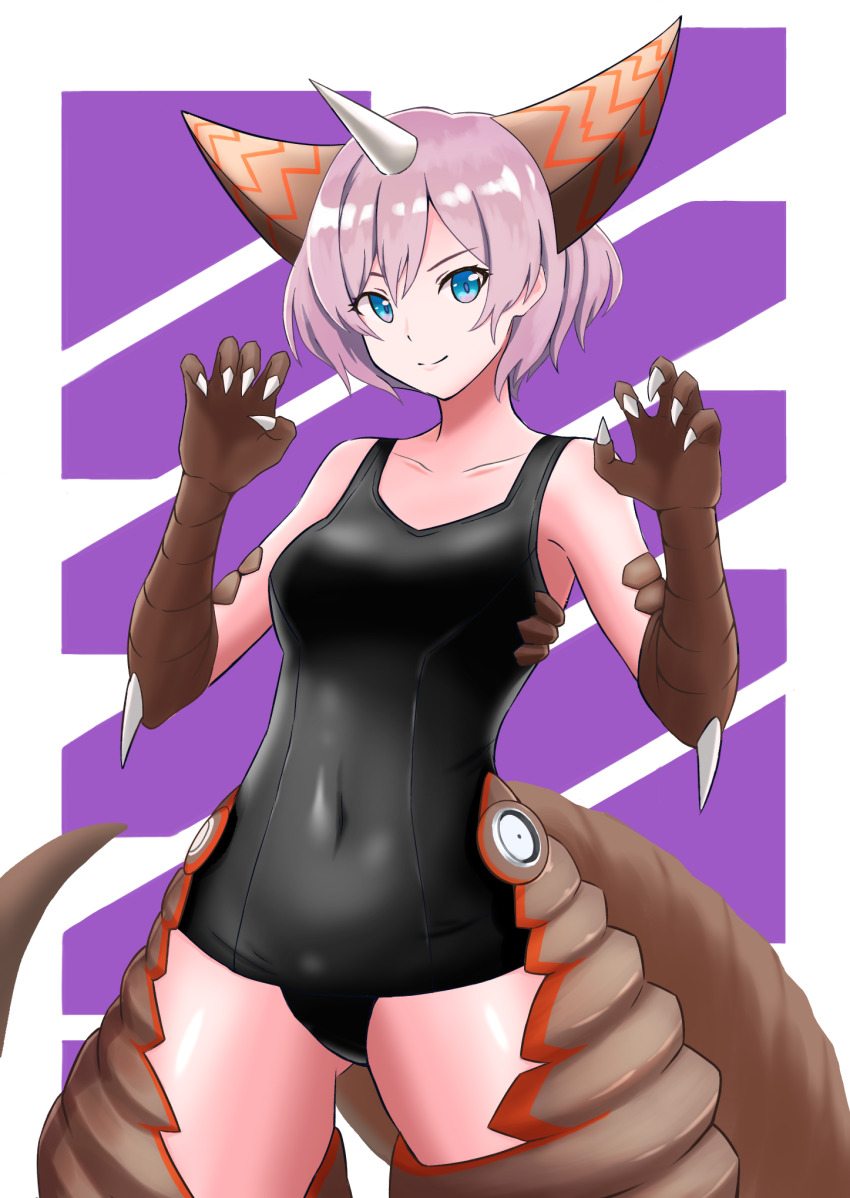 1girl black_one-piece_swimsuit breasts brown_gloves claw_pose claws collarbone company_connection cosplay covered_navel elbow_gloves gloves gluteal_fold gomora gomora_(cosplay) gridman_universe highres horns medium_breasts mujina one-piece_swimsuit purple_hair school_swimsuit short_hair single_horn smile ssss.dynazenon suwa_ayaka swimsuit tail taiyoshi tsuburaya_productions ultra_kaijuu_gijinka_keikaku ultra_series voice_actor_connection