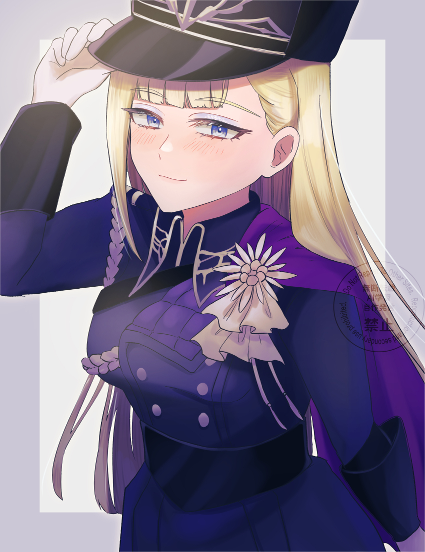 1girl absurdres black_coat black_hat blonde_hair blue_eyes blue_eyeshadow clarice_(rune_factory) coat eyeshadow hair_behind_ear hat highres long_hair looking_at_viewer makeup military_uniform mimiko_(nekonekomiruo) rune_factory rune_factory:_guardians_of_azuma side_cape smile
