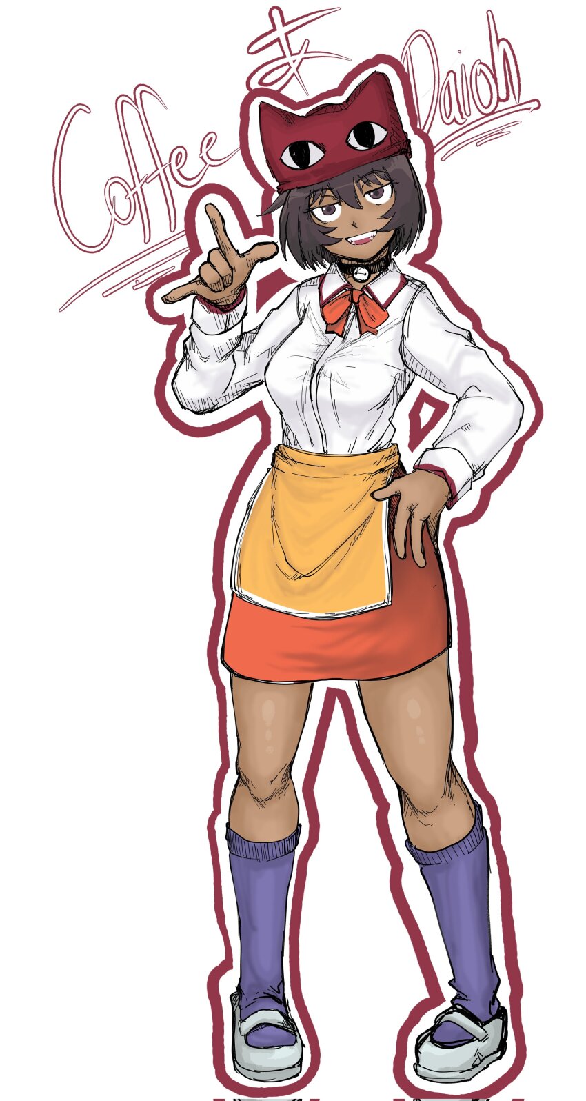 &lt;|&gt;_&lt;|&gt; 1girl absurdres ameh_li animal_hat apron azumanga_daiou bell black_choker black_eyes black_hair blue_socks bow bowtie cat_hat choker commentary dark-skinned_female dark_skin full_body hand_on_own_hip hat highres jingle_bell kagura_(azumanga_daioh) kneehighs looking_at_viewer mary_janes open_mouth outline pencil_skirt pointing pointing_at_viewer red_bow red_bowtie red_outline red_skirt shirt shoes skirt socks solo standing teeth upper_teeth_only waitress white_shirt white_shoes yellow_apron