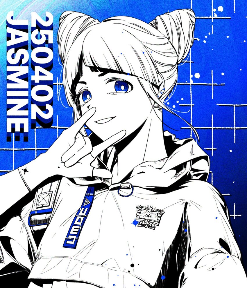 1girl \m/ b1ue_e4rth blue_background blue_eyes blue_theme character_name commentary_request cone_hair_bun dated diagonal_bangs double_bun gloves greyscale_with_colored_background hair_bun hand_up highres hood hood_down hoodie jasmine_(toshi_densetsu_kaitai_center) korean_commentary looking_at_viewer partially_fingerless_gloves short_hair smile solo toshi_densetsu_kaitai_center upper_body
