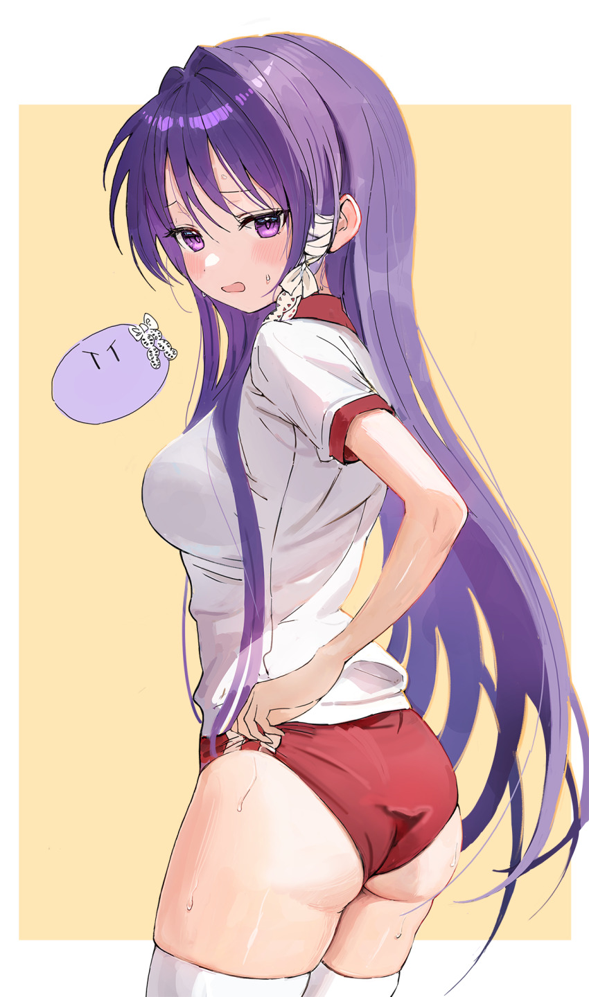 1girl ass blush breasts buruma clannad cowboy_shot dango_daikazoku from_behind fujibayashi_kyou gym_uniform highres long_hair looking_back medium_breasts purple_eyes purple_hair red_buruma shirt short_sleeves simple_background solo sonchi sweat thighhighs very_long_hair white_shirt white_thighhighs yellow_background