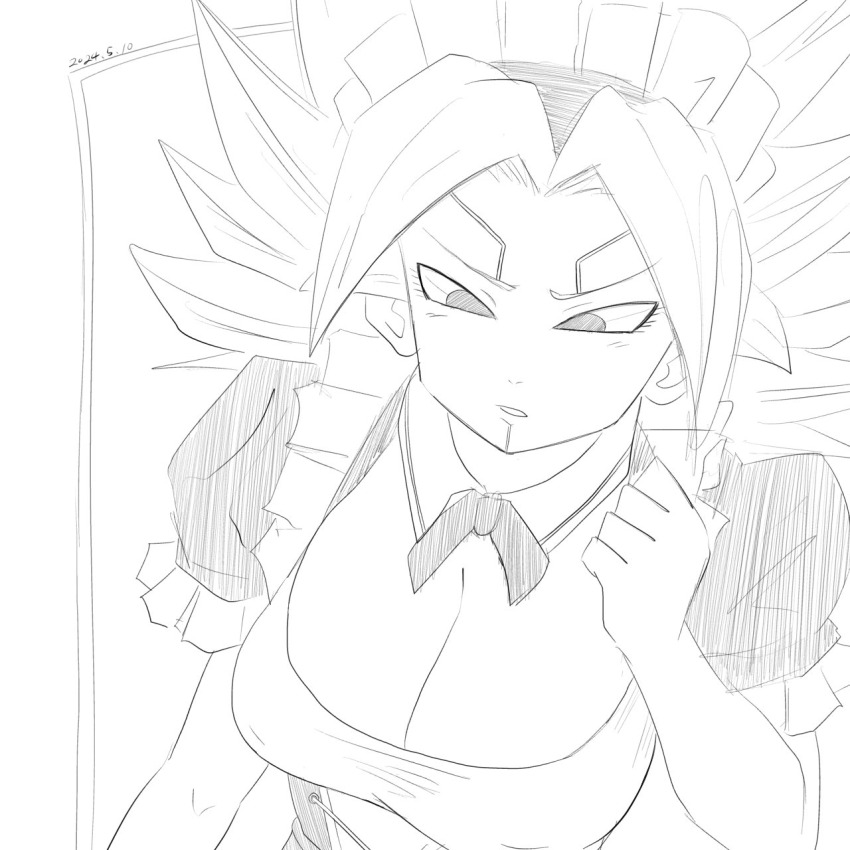 alternate_hair_color breasts caulifla dragon_ball dragon_ball_heroes dragon_ball_super highres kakoi_66 large_breasts maid maid_headdress monochrome oren_(dragon_ball) possessed possession smile solo tongue tongue_out wide_hips
