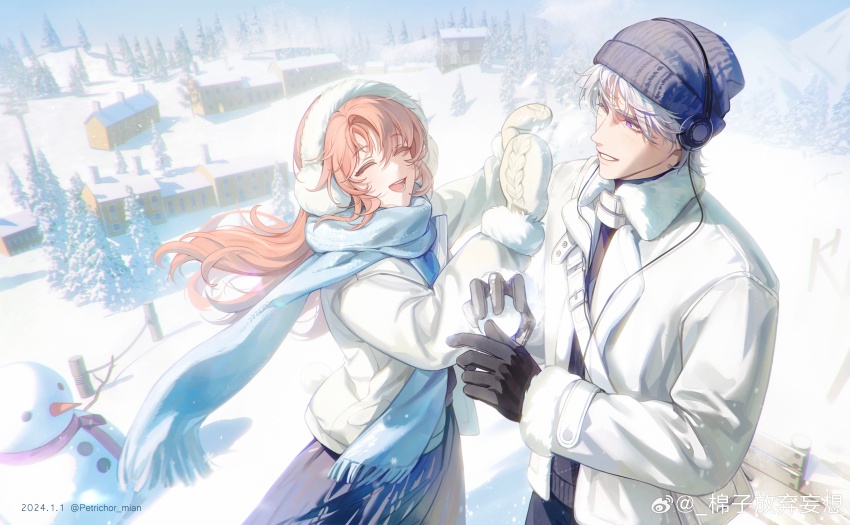 1boy 1girl ^_^ absurdres black_gloves black_hat black_shirt black_skirt blue_scarf charlie_su closed_eyes couple cowboy_shot day floating_hair fur_trim gloves happy hat headphones highres holding holding_snowball house jacket laughing light_and_night_love long_hair long_sleeves looking_at_another mian_zi_fangqi_wangxiang mountain one_eye_closed outdoors parted_lips pink_hair protagonist_(light_and_night_love) purple_eyes scarf shirt short_hair skirt snow snowball snowman standing sunlight teeth tongue tree upper_teeth_only watermark weibo_watermark white_hair white_jacket wind winter winter_clothes