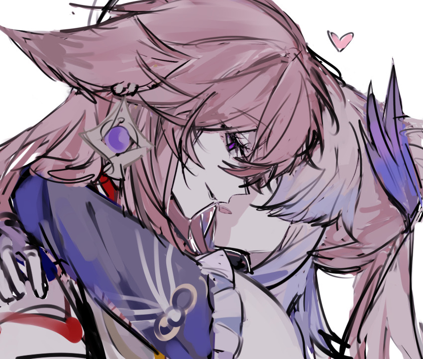 2girls animal_ears arms_around_neck chinese_commentary commentary commentary_request couple detached_sleeves earrings facing_down floppy_ears fox_ears fox_girl frilled_sleeves frills from_side gem genshin_impact gradient_hair head_down heart highres hug jewelry long_hair long_sleeves looking_ahead multicolored_hair multiple_girls parted_lips pink_hair ponytail portrait profile purple_eyes purple_gemstone purple_hair purple_sleeves sangonomiya_kokomi simple_background sketch white_background yae_miko yingxizu99 yuri