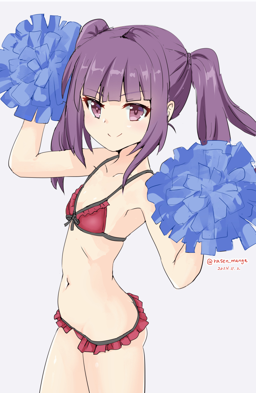 1girl absurdres alice_gear_aegis bikini blunt_bangs breasts commentary_request dated frilled_bikini frills front-tie_bikini_top front-tie_top highres holding holding_pom_poms ichijou_ayaka navel pom_pom_(cheerleading) pom_poms purple_eyes purple_hair rasen_manga red_bikini small_breasts smile solo standing swimsuit twintails twitter_username