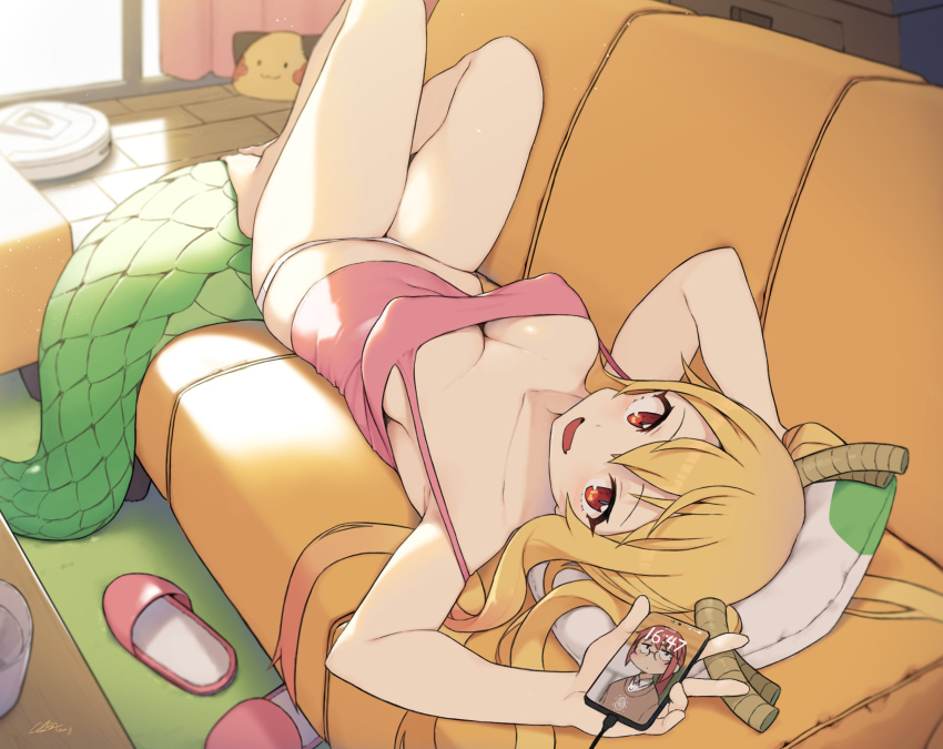 1girl armpits bare_arms bare_legs bare_shoulders barefoot blonde_hair blouse blush breasts cable camisole can cellphone charging_device cleavage cloba collarbone commentary_request couch covered_erect_nipples dragon_girl dragon_horns dragon_tail fang from_above full_body highres holding holding_phone horns indoors kobayashi-san_chi_no_maidragon kobayashi_(maidragon) large_breasts large_tail long_hair looking_at_viewer lying navel no_bra no_pants on_back open_mouth orange_eyes panties phone pillow pink_shirt robotic_vacuum_cleaner shirt sitting slippers slit_pupils smartphone smile solo spaghetti_strap tail thighs tohru_(maidragon) underwear underwear_only unworn_slippers