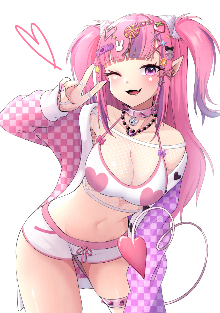 1girl 2/niro ;3 absurdres bandaid bandaid_hair_ornament bead_necklace beads blunt_bangs bone_hair_ornament bow bra breasts button_hair_ornament candy_hair_ornament checkered_clothes checkered_jacket choker cleavage contrapposto crop_top decora demon_girl demon_horns demon_tail facial_mark fang fingerless_gloves fishnet_gloves fishnet_top fishnets food-themed_hair_ornament gloves hair_bow hair_ornament hairpin heart heart_hair_ornament heart_print highres horns ironmouse ironmouse_(decora) ironmouse_outfit_art_contest jacket jewelry large_breasts leaning_forward lollipop_hair_ornament long_hair looking_at_viewer multicolored_hair multicolored_jacket multiple_hairpins navel necklace off-shoulder_shirt off_shoulder one_eye_closed open_clothes open_jacket open_mouth pink_bow pink_choker pink_hair pink_jacket pink_nails pink_tail pointy_ears purple_bow purple_eyes purple_hair purple_jacket rabbit_hair_ornament shirt short_shorts shorts simple_background skin_fang skull_hair_ornament solo spiked_choker spiked_thigh_strap spikes star_(symbol) star_facial_mark stomach strawberry_hair_ornament streaked_hair tail thigh_strap too_many two-tone_jacket two_side_up underwear v v_over_eye very_long_hair virtual_youtuber vshojo white_background white_bra white_shorts x_hair_ornament