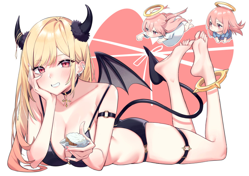 3girls absurdres barefoot bat_wings bikini black_bikini black_choker blonde_hair breasts bygin chibi choker cross demon_girl demon_horns demon_tail ear_piercing earrings feet food full_body halo hand_on_own_cheek hand_on_own_face highres holding holding_food horns inui_sajuna inui_shinju jewelry kitagawa_marin large_breasts legs long_hair looking_at_viewer lying multiple_girls on_stomach parted_bangs piercing pink_hair red_eyes simple_background soles sono_bisque_doll_wa_koi_wo_suru swimsuit tail the_pose thigh_strap toes white_background wings