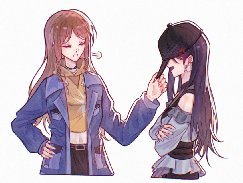 2girls angry bang_dream! bang_dream!_it&#039;s_mygo!!!!! baseball_cap black_hair blue_jacket braided_sidelock brown_hair chinese_commentary closed_eyes commentary_request ear_piercing earrings grey_shirt hat highres hood hood_down hoodie jacket jewelry long_hair long_sleeves midriff multiple_girls nagasaki_soyo navel open_mouth piercing puff_of_air shiina_taki shirt sidelocks simple_background white_background yanhuizuimo yellow_hoodie