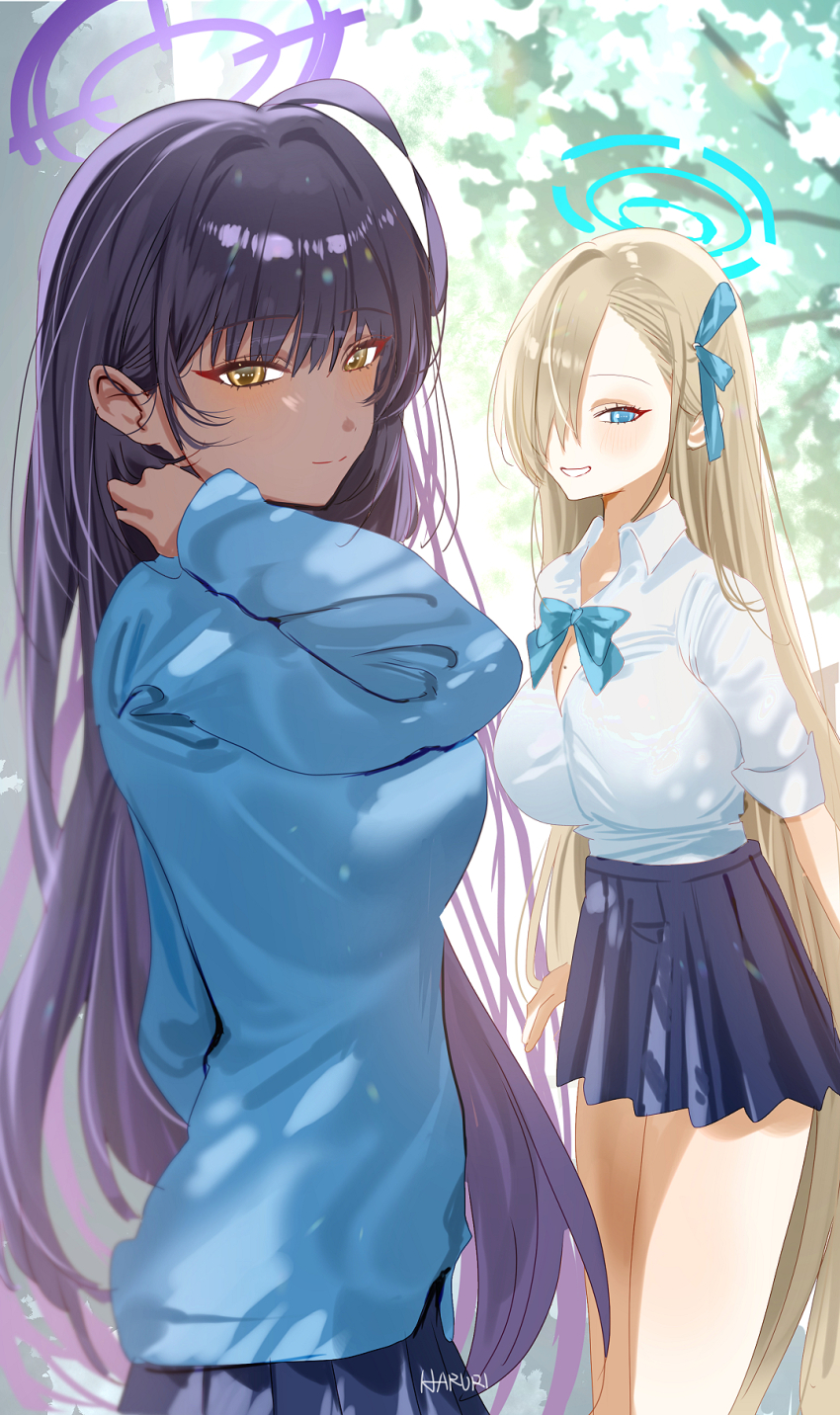 2girls ahoge artist_name asuna_(blue_archive) asuna_(school_uniform)_(blue_archive) asymmetrical_bangs black_hair black_skirt blue_archive blue_cardigan blush breasts cardigan gyaru hair_over_one_eye halo haruri highres karin_(blue_archive) karin_(school_uniform)_(blue_archive) kogal large_breasts light_brown_hair looking_at_viewer mole mole_on_breast multiple_girls one_eye_covered outdoors pleated_skirt school_uniform shirt shirt_tucked_in skirt smile straight_hair white_shirt