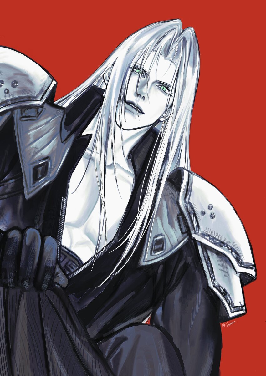 1boy aaamber_22 absurdres aqua_eyes armor black_coat black_gloves coat final_fantasy final_fantasy_vii gloves grey_hair highres long_bangs long_hair looking_at_viewer male_focus parted_bangs parted_lips pauldrons red_background sephiroth shoulder_armor slit_pupils smile solo upper_body