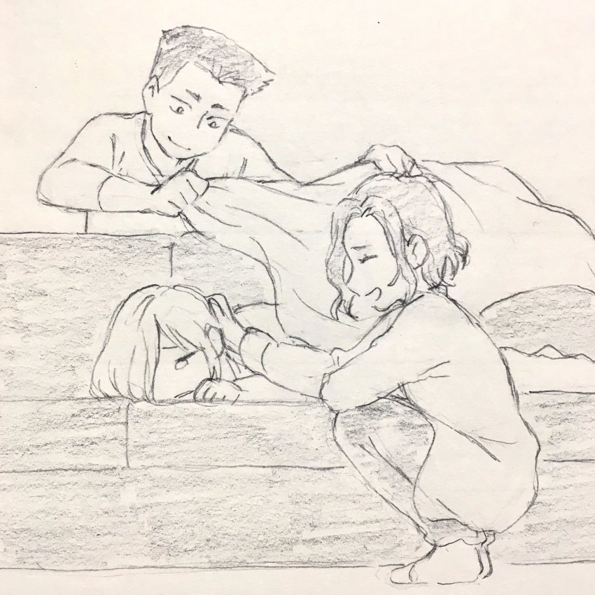 10s 1girl 2boys blanket couch closed_eyes georgi_popovich graphite_(medium) highres itou_noriko lying mila_babicheva monochrome multiple_boys official_art on_side open_mouth sketch sleeping smile squatting tears traditional_media yuri!!!_on_ice yuri_plisetsky