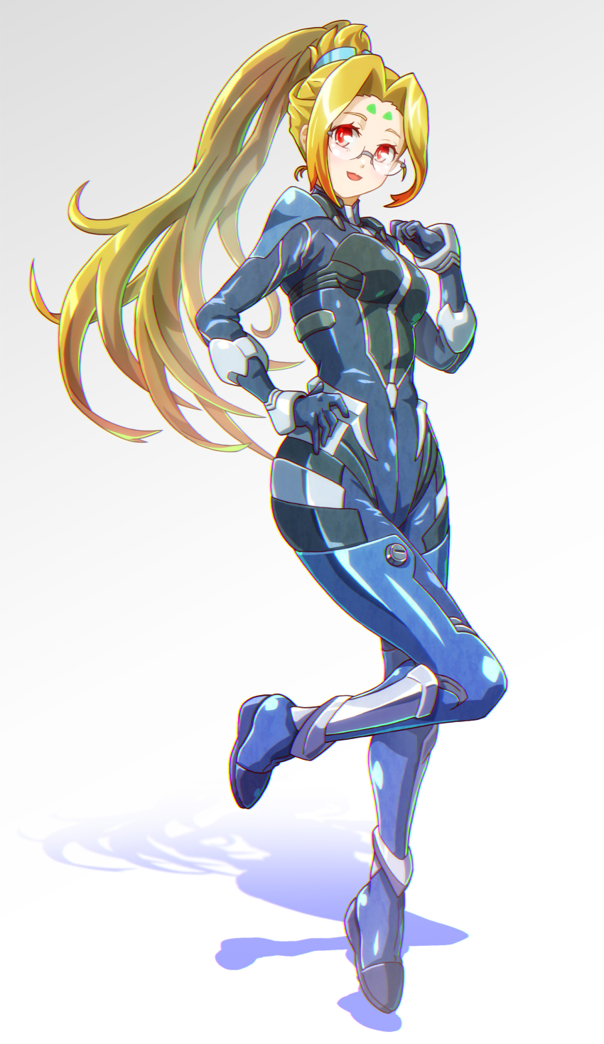 1girl absurdres black_bodysuit black_gloves blonde_hair blue_bodysuit bodysuit colored_tips cosplay fiona_(zoids) glasses gloves gradient_background hair_behind_ear hand_on_own_hip highres ibuki_sakura_(sgw_v07) jo_aysel jo_aysel_(cosplay) leg_up looking_to_the_side multicolored_hair open_mouth pilot_suit ponytail red_eyes red_hair shadow smile solo zoids zoids_chaotic_century zoids_wild zoids_wild_zero