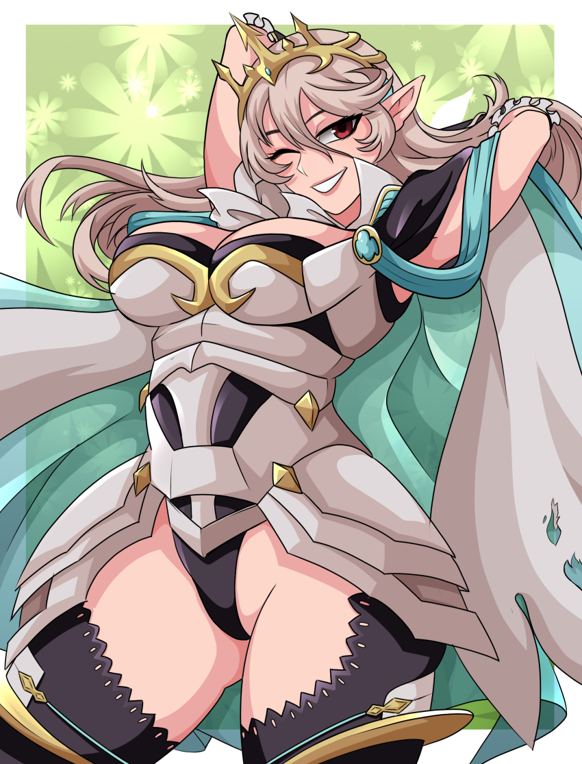 1girl absurdres armor arms_behind_head arms_up black_leotard black_thighhighs breasts cape cleavage corrin_(female)_(fire_emblem) corrin_(fire_emblem) cowboy_shot eyebrows eyelashes female_focus fire_emblem fire_emblem_heroes green_background green_cape grey_armor grey_hair grin highleg highleg_leotard highres large_breasts leotard long_hair looking_at_viewer nintendo omitv pointy_ears red_eyes simple_background smile solo standing strapless strapless_leotard teeth thighhighs thighs two-tone_cape white_cape