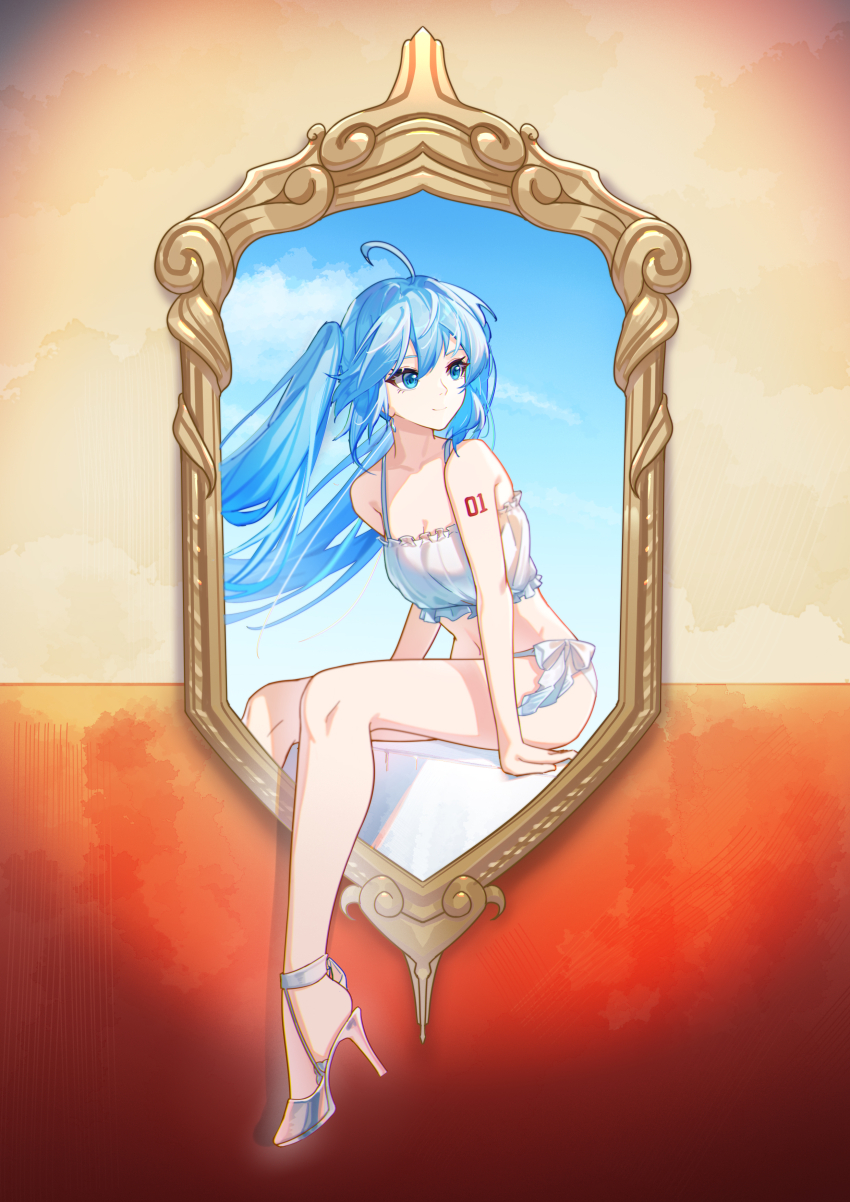1girl absurdres ahoge alternate_costume arm_support bare_arms bare_legs bare_shoulders bikini blue_eyes blue_hair blue_sky bow bow_bikini breasts cleavage commentary earrings frilled_tankini full_body hair_between_eyes hatsune_miku high_heels highres jewelry legs long_hair looking_to_the_side midriff navel number_tattoo orange_background painttool_sai_(medium) portal_(object) shoes shoulder_tattoo sitting sky small_breasts smile solo swimsuit tattoo three_quarter_view twintails two-tone_background vocaloid white_bikini white_bow white_shoes zuiai_gongzhu_dianxia