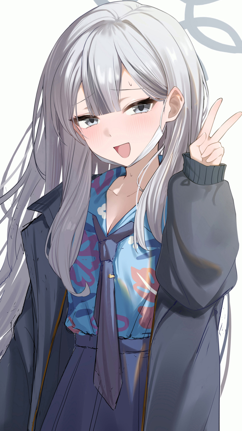 1girl :d absurdres black_jacket blue_archive blue_necktie blue_shirt blue_skirt blush breasts cleavage collared_shirt floral_print_shirt grey_eyes grey_hair grey_halo halo hand_up hawaiian_shirt highres jacket konoka_(blue_archive) long_sleeves looking_at_viewer mask medium_breasts mouth_mask necktie open_clothes open_jacket open_mouth pleated_skirt puffy_long_sleeves puffy_sleeves shirt simple_background skirt smile solo sweat v wendao white_background