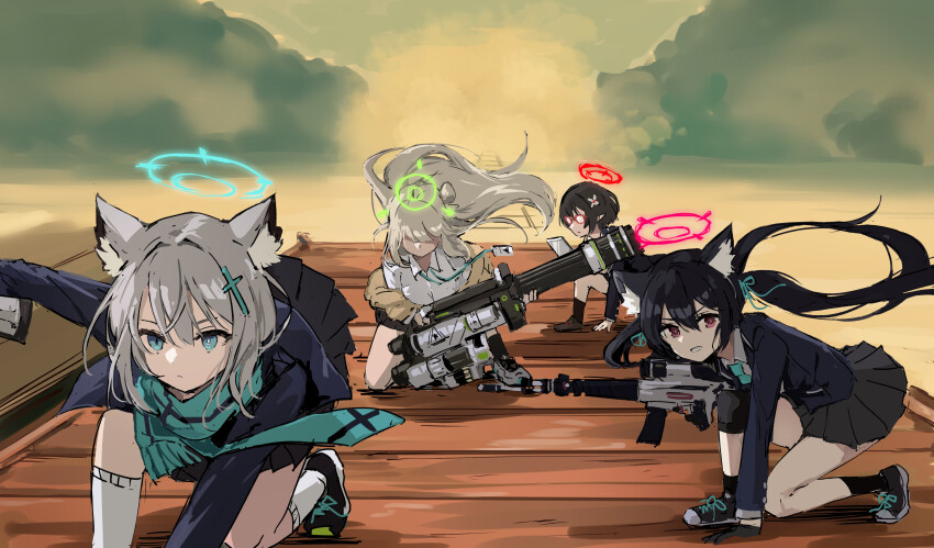 4girls absurdres animal_ear_fluff animal_ears assault_rifle ayane_(blue_archive) beretta_ar70/90 black_footwear black_jacket black_skirt black_socks blazer blue_archive blue_eyes blue_jacket blue_necktie blue_scarf brown_cardigan brown_hair cardigan clenched_hand collared_shirt faceless faceless_female floating_hair gatling_gun glasses grey_hair gun hair_between_eyes halo highres jacket knee_pads m134_minigun multiple_girls necktie nonomi_(blue_archive) off_shoulder on_one_knee opaque_glasses open_cardigan open_clothes osisio pleated_skirt pointy_ears railroad_tracks red-framed_eyewear red_eyes rifle scarf school_uniform serika_(blue_archive) shiroko_(blue_archive) shirt shoes sig_sauer sig_sauer_556 single_knee_pad skirt socks weapon white_shirt white_socks wolf_ears