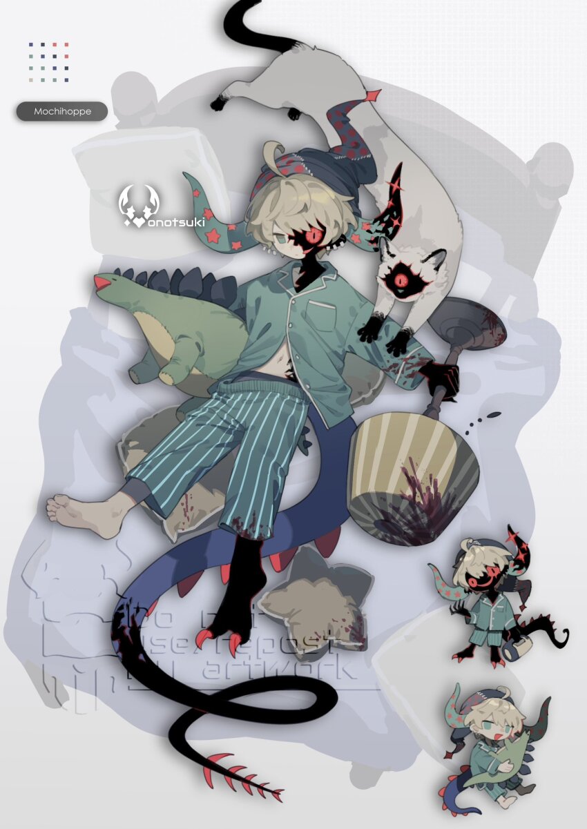 1boy animal_feet bed blonde_hair blood claws color_guide creature full_body green_eyes grey_background hat highres holding holding_stuffed_toy horns lamp male_focus monster_boy multiple_views nightcap onotsuki_w2 original pajamas red_eyes reference_sheet short_hair stuffed_dinosaur stuffed_toy tail
