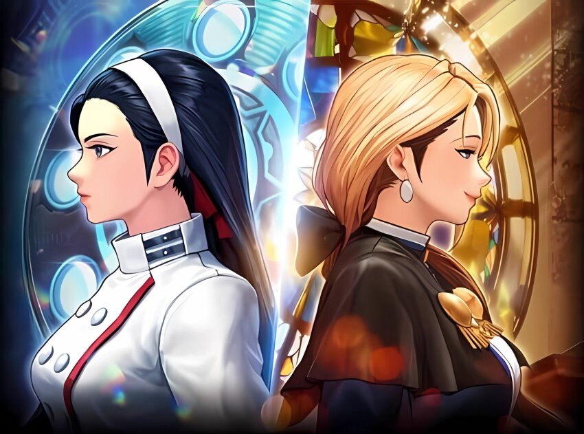 black_hair blonde_hair blue_eyes earrings genderswap genderswap_(mtf) goeniko highres jewelry kagura_chizuru smile the_king_of_fighters the_king_of_fighters_all-stars