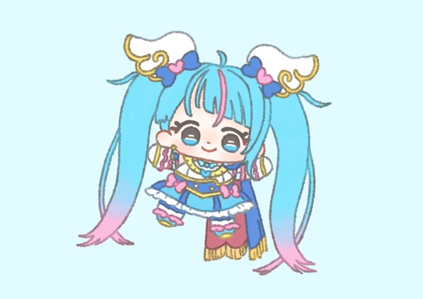 1girl absurdly_long_hair ahoge asymmetrical_bangs blue_background blue_boots blue_brooch blue_cape blue_choker blue_corset blue_eyes blue_hair blue_pantyhose blue_skirt blunt_bangs boots bow bow_skirt brooch buttons cape chibi choker closed_mouth colored_tips corset cure_sky dot_nose eyelashes frilled_gloves frilled_shirt frilled_skirt frills fringe_trim gloves hair_ornament happy heart heart_brooch hirogaru_sky!_precure ichigo_usuhana jewelry kneehighs layered_legwear light_blush long_hair looking_at_viewer magical_girl miniskirt multicolored_hair outstretched_arms pantyhose pink_bow pink_hair precure red_cape shirt side_cape simple_background skirt smile socks solo sora_harewataru streaked_hair striped_clothes striped_skirt tareme two-sided_cape two-sided_fabric two-tone_hair vertical-striped_clothes vertical-striped_skirt very_long_hair white_gloves white_shirt white_socks wing_hair_ornament