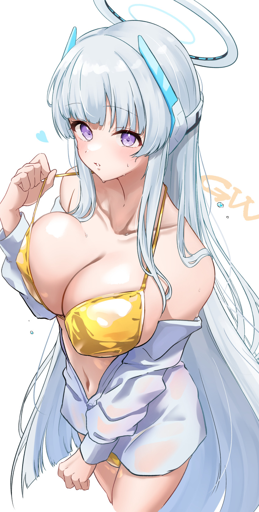 1girl absurdres bikini blue_archive blunt_bangs breasts cleavage collarbone gold_bikini golden_week halo highres large_breasts long_hair looking_at_viewer mechanical_halo navel noa_(blue_archive) off_shoulder ogura_toast open_clothes open_shirt partially_unbuttoned purple_eyes satin_bikini shiny_swimsuit solo strap_pull string_bikini swimsuit white_hair white_halo