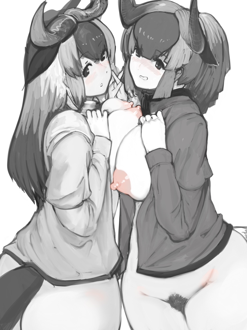 2girls absurdres animal_ears ass asymmetrical_docking black_wildebeest_(kemono_friends) blue_wildebeest_(kemono_friends) blush bottomless breast_press breasts cowboy_shot extra_ears female_pubic_hair greyscale hand_on_own_chest hands_up high_ponytail highres holding_hands horns interlocked_fingers jacket kemono_friends large_breasts long_hair long_sleeves looking_at_viewer monochrome multiple_girls nipples no_bra nose_blush open_clothes open_mouth parted_lips ponytail pubic_hair shibori_kasu sidelocks smile spot_color tail twisted_torso