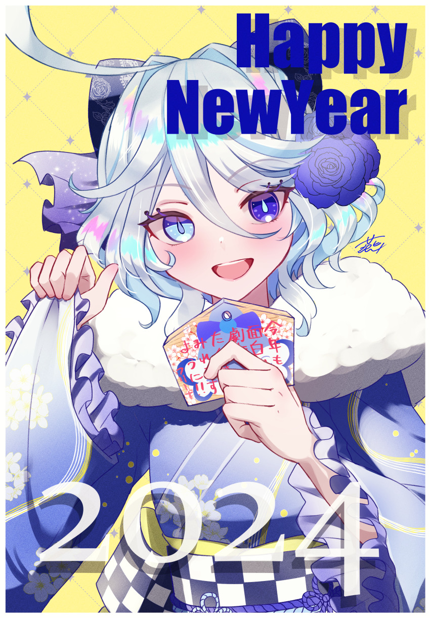 1girl absurdres ahoge alternate_costume blue_eyes blue_hair blue_kimono blush ema flower fur-trimmed_kimono fur_trim furina_(genshin_impact) genshin_impact hair_between_eyes hair_flower hair_ornament happy_new_year heterochromia highres holding holding_ema japanese_clothes kimono long_hair long_sleeves looking_at_viewer multicolored_hair new_year open_mouth smile solo streaked_hair symbol-shaped_pupils tsubame-tsubame- white_hair yellow_background
