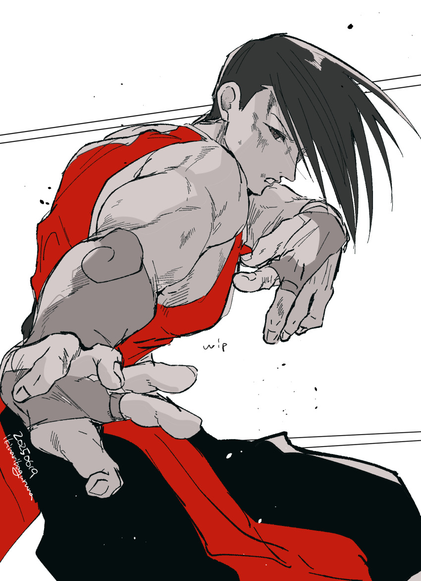 1boy absurdres arm_up bare_shoulders black_pants bridal_gauntlets bruise bruise_on_arm bruise_on_face chinese_clothes dated fingernails highres ikinaribaguruna injury long_bangs looking_at_viewer male_focus outstretched_arm pants parted_lips profile red_shirt shirt short_sideburns sleeveless solo spot_color street_fighter street_fighter_iii_(series) teeth twitter_username yang_lee