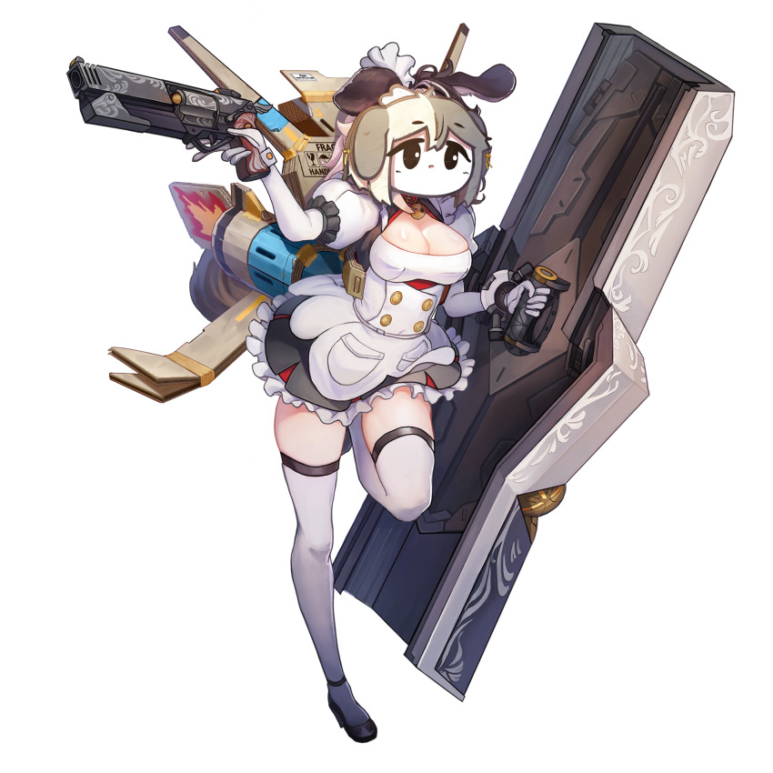 1girl animal_collar animal_ears apron bell black_footwear black_hair box breasts buttons cardboard cardboard_box center_opening cleavage cleavage_cutout clothing_cutout collar dog_ears dog_girl dog_tail double-breasted dress elbow_gloves english_text fire fragile_symbol frilled_dress frills full_body game_cg gloves gun hachiko_of_castling handgun high_heels highres holding holding_gun holding_shield holding_weapon jingle_bell last_origin layered_skirt maid maid_apron maid_headdress mask mechanical_wings medium_breasts medium_hair multicolored_hair neck_bell official_art paintale red_collar revolver rocket shield short_dress simple_background skindentation skirt skirt_pocket solo split-color_hair standing standing_on_one_leg tachi-e tail tareme thighhighs third-party_source transparent_background trigger_discipline two-tone_hair weapon white_gloves white_hair white_thighhighs wings wrist_cuffs zettai_ryouiki