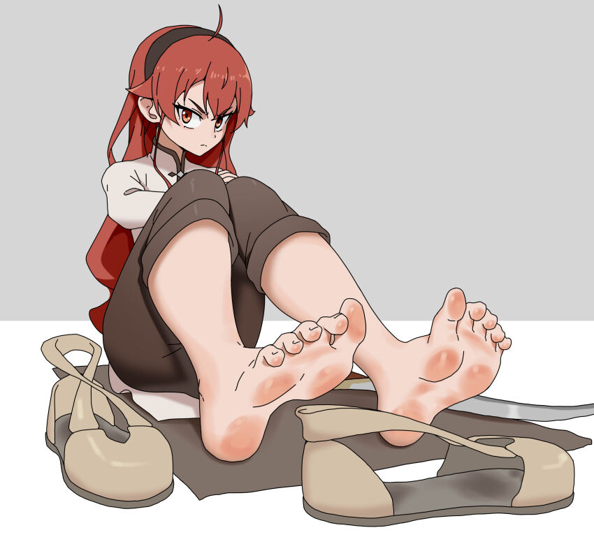 1girl absurdres barefoot eris_greyrat feet hairband highres long_hair looking_at_viewer mushoku_tensei paxa349 red_eyes red_hair shoes soles toes unworn_shoes