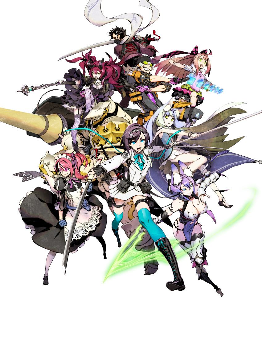 2boys 6+girls 7th_dragon_(series) 7th_dragon_iii absurdres agent_(7th_dragon) animal_ears aqua_bow aqua_eyes aqua_thighhighs arika_(7th_dragon) armor bandana banisher_(7th_dragon_iii) black_footwear black_hair boots bow breasts card checkered_bow checkered_clothes cleavage closed_mouth dress duelist_(7th_dragon) fortuner_(7th_dragon) god-hand_(7th_dragon) green_eyes hair_bow helmet highres holding holding_weapon katana lance long_hair mage_(7th_dragon) maid mask medium_breasts miwa_shirow mouth_mask multiple_boys multiple_girls murmur_(7th_dragon) official_art open_mouth pink_hair polearm ponytail psd_available purple_bow purple_eyes purple_hair red_eyes rune-knight_(7th_dragon) samurai_(7th_dragon) scarf scythe short_hair simple_background sunglasses sword thighhighs third-party_source transparent_background urye_(7th_dragon) weapon white_hair white_scarf yaiba_(7th_dragon_iii)